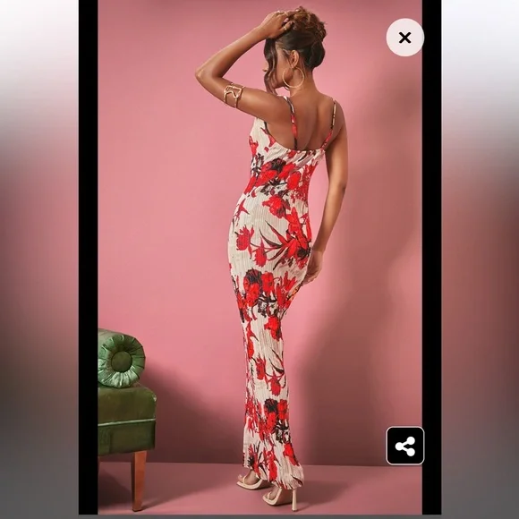 NWT Nude Floral Print Plisse Strappy Maxi Dress - Picture 2 of 6